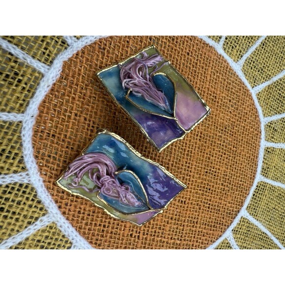 VTG  signed  1988 Amy Lacombe designer blue  green Clip On Earrings - Picture 1 of 8